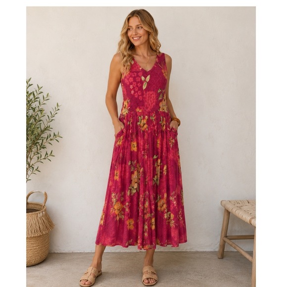 Bila Dresses & Skirts - Bila M Rayon Floral Midi Dress Pink Sleeveless V Neck Button Front Pockets Boho